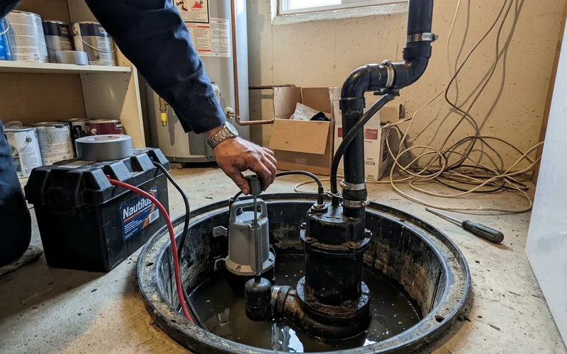 Cast iron Zoeller primary pump and battery backup with its own float and deep-cycle battery box