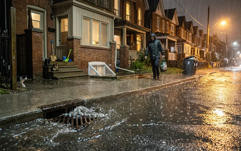 Heavy rain pooling at storm drains and basement windows on a Toronto street at night