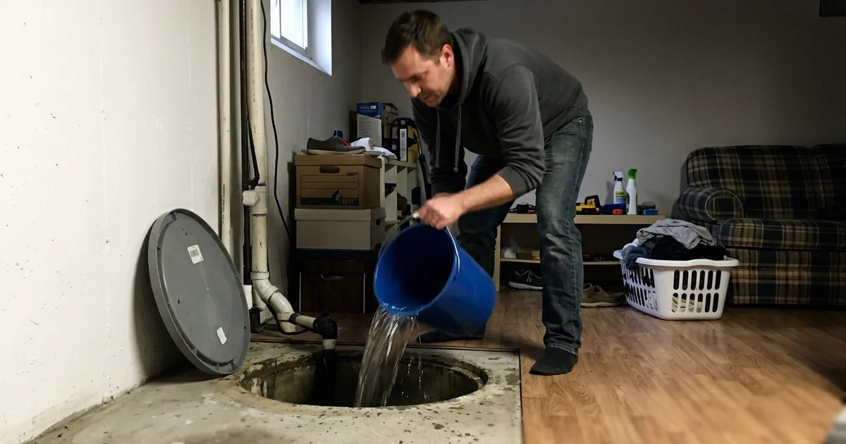 Homeowner pouring a bucket of water into a sump pit to test the pump before the spring thaw