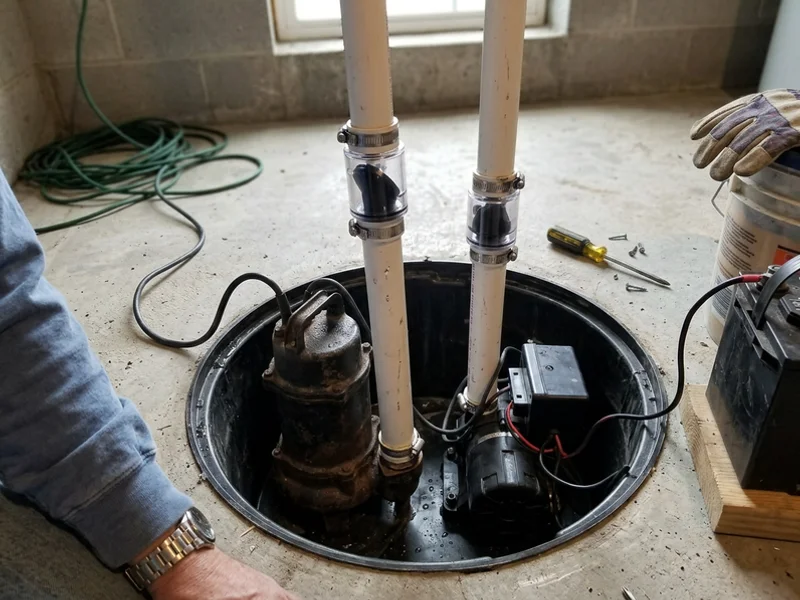 Zoeller M63 primary pump and Aquanot backup pump in a sealed basin