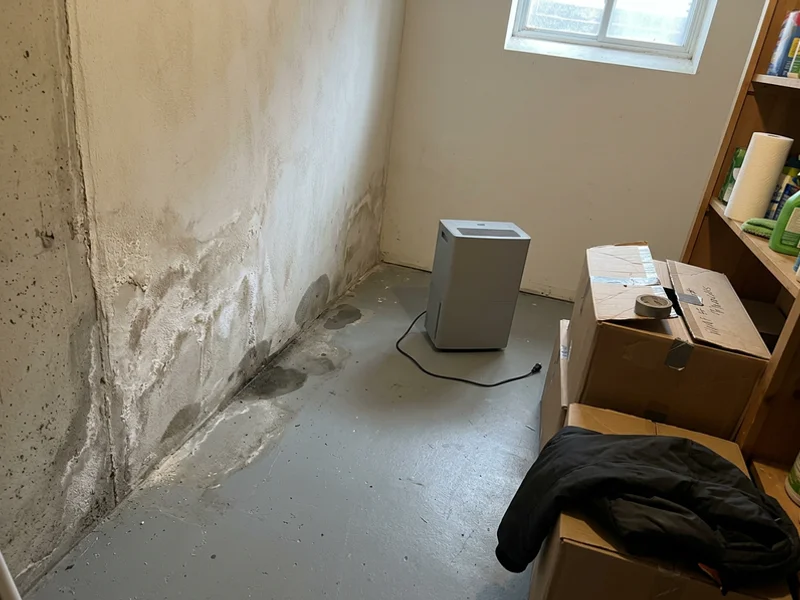 Efflorescence and a damp wall-floor joint before the perimeter drain work