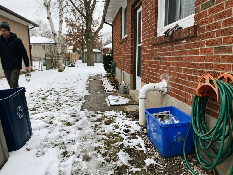 Freeze-proof sump discharge outlet in a Toronto side yard in late winter
