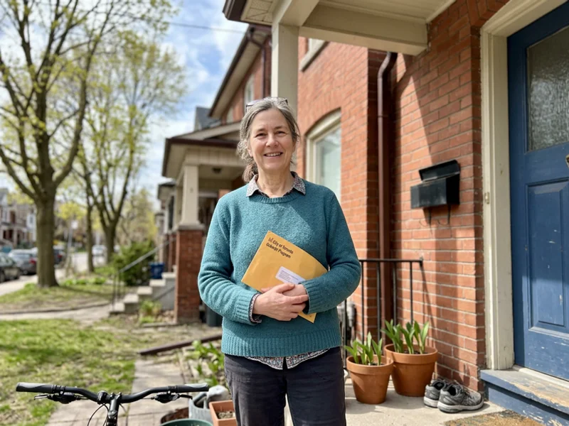 Homeowner holding the City subsidy cheque envelope at the front door