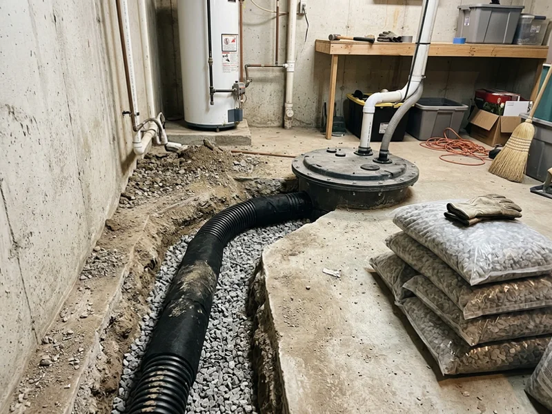 Corrugated perforated pipe in filter fabric running to a new sealed sump