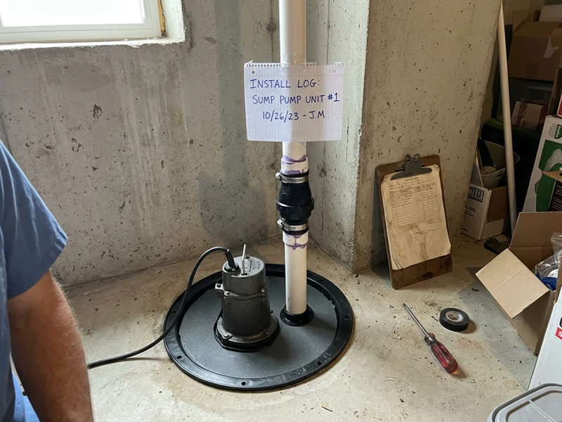 New sealed sump basin and check valve documented for the install photo log