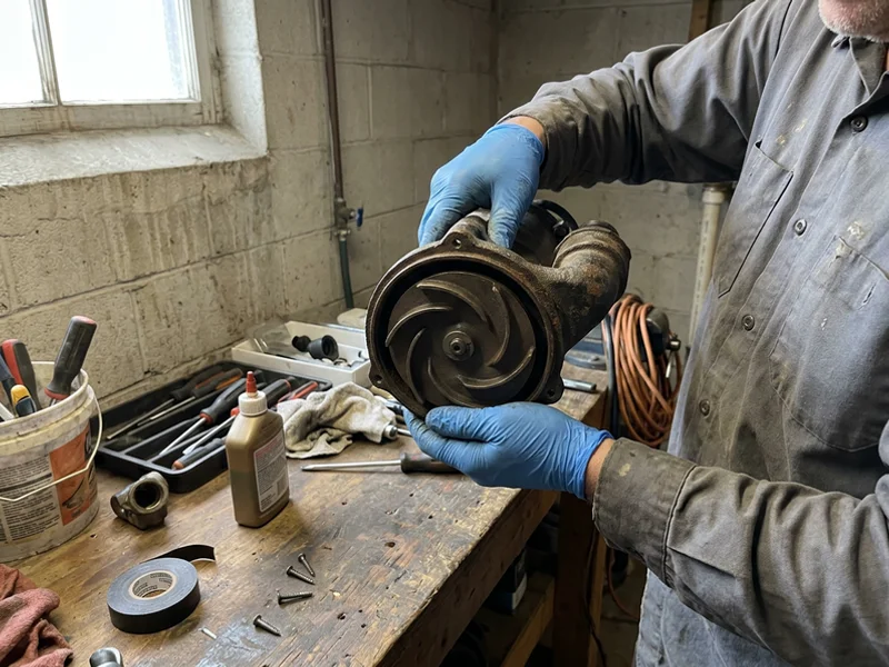 Non-clogging vortex impeller on the underside of a cast iron pump