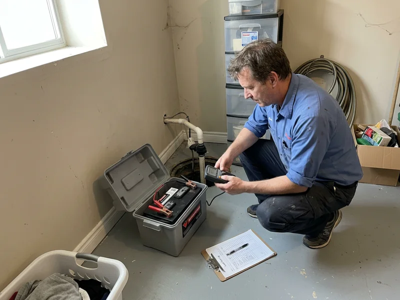 Technician load-testing a sump backup battery during an annual check