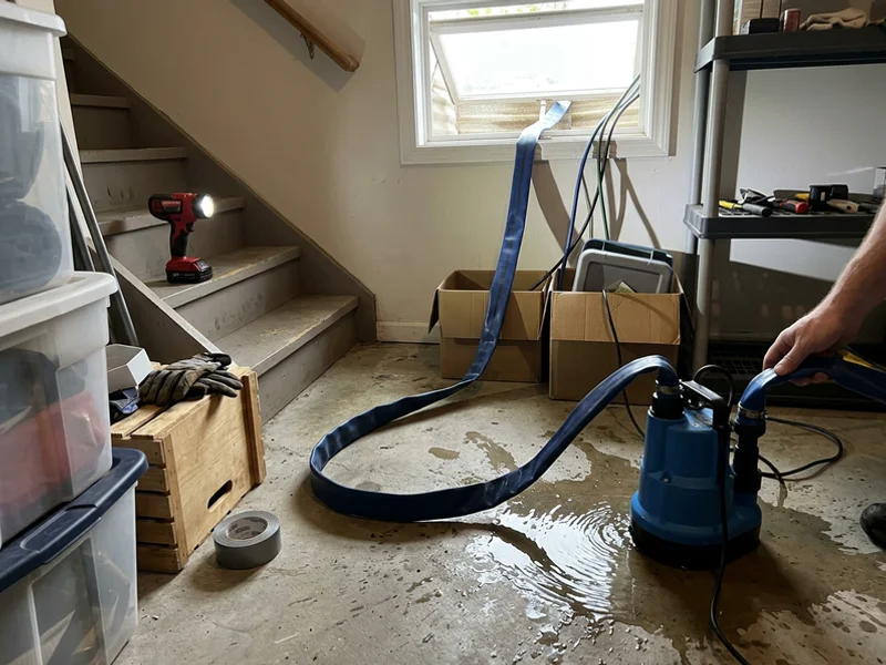 Temporary bypass pump and hose running out a basement window during a pump-out