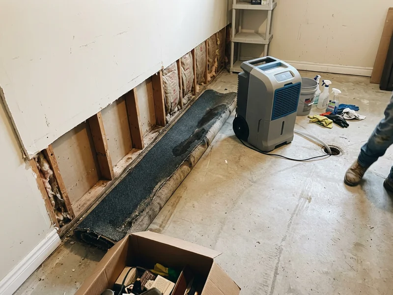 Basement drywall cut back after a sewer backup, before the sump install