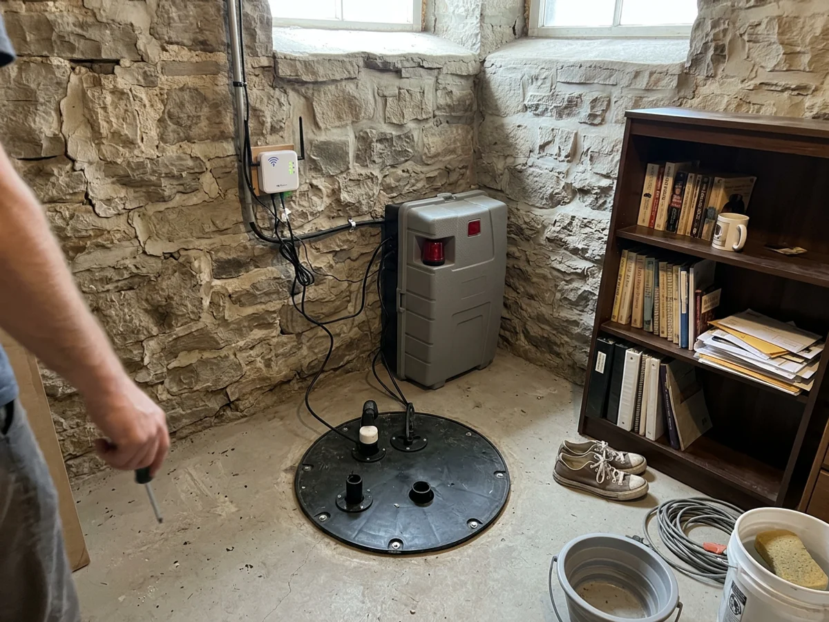 Battery backup sump system with a WiFi alarm in a finished Annex Victorian basement
