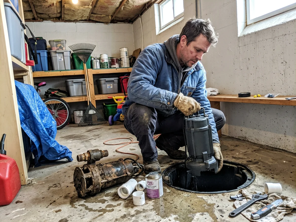 Plumber lowering a cast iron Zoeller M63 submersible pump into a sealed basin