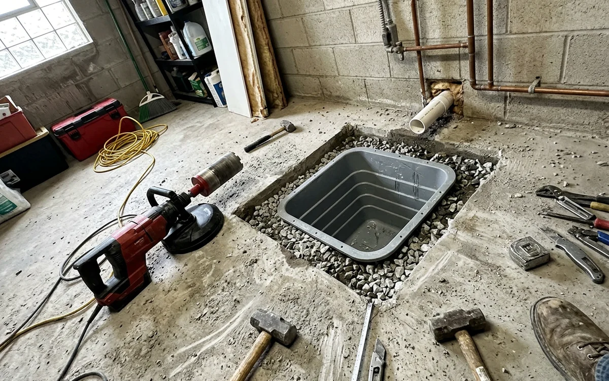 Saw-cut slab opening with a dust shroud and clear stone around a new polyethylene sump basin