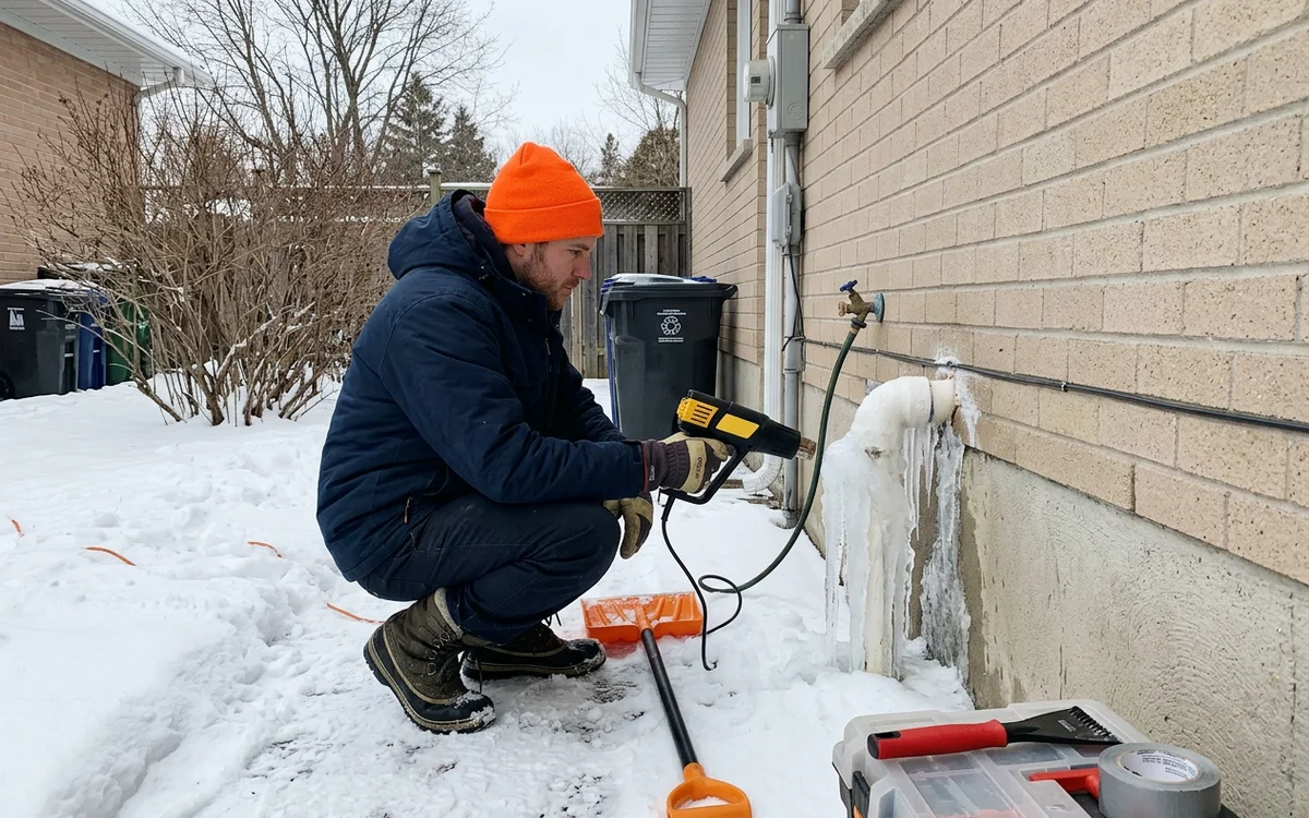 Technician thawing a frozen sump discharge outlet against a snowy house wall in February