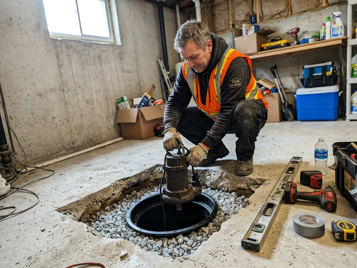 Licensed plumber setting a cast iron Zoeller pump into a new sealed sump basin in a Toronto basement floor