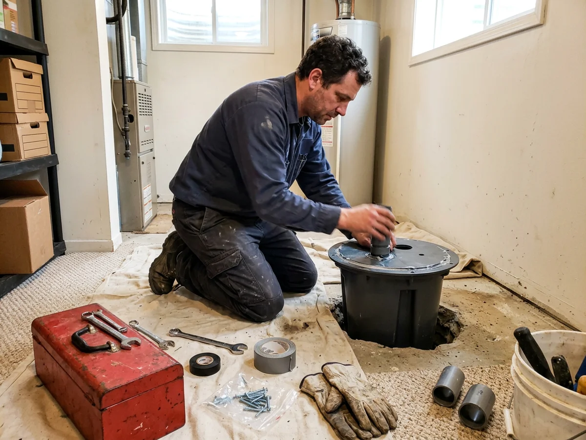 Plumber installing a sealed sump basin in the finished lower level of a North York split-level