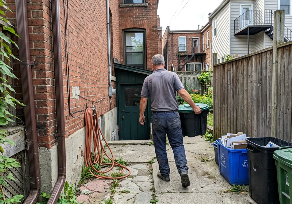 Plumber carrying a sump basin down the narrow side yard of a central Toronto home