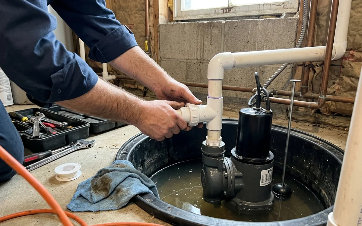 New cast iron pump with vertical float and union check valve connected to the existing discharge