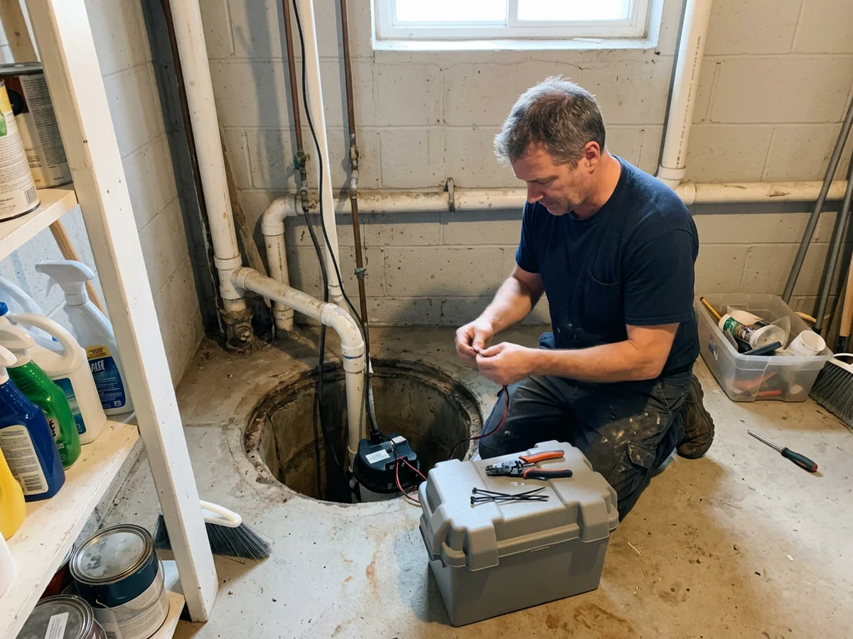 Plumber connecting a 12V battery backup sump pump and sealed battery box beside a basement sump pit