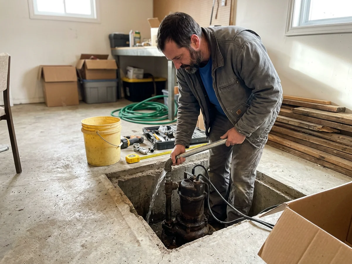 Plumber flow-testing a cast iron sump pump in a deep pit in a lakefront Etobicoke basement