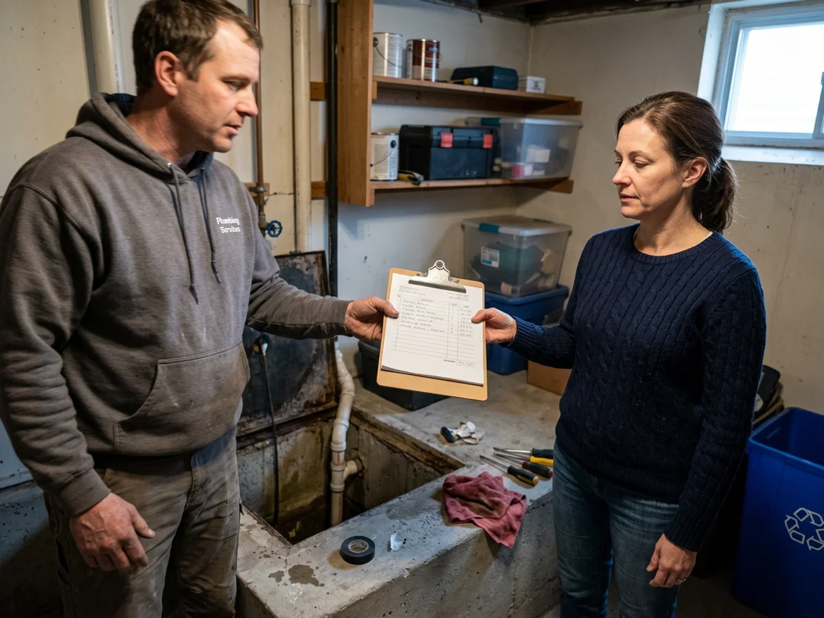 Plumber handing a homeowner a written itemized sump pump quote beside an open pit