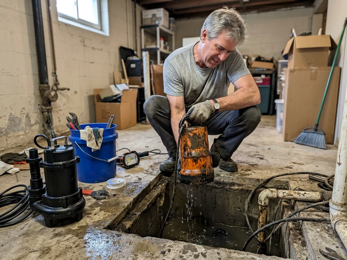 Plumber lifting an old rusted sump pump out of an existing pit next to a new cast iron replacement