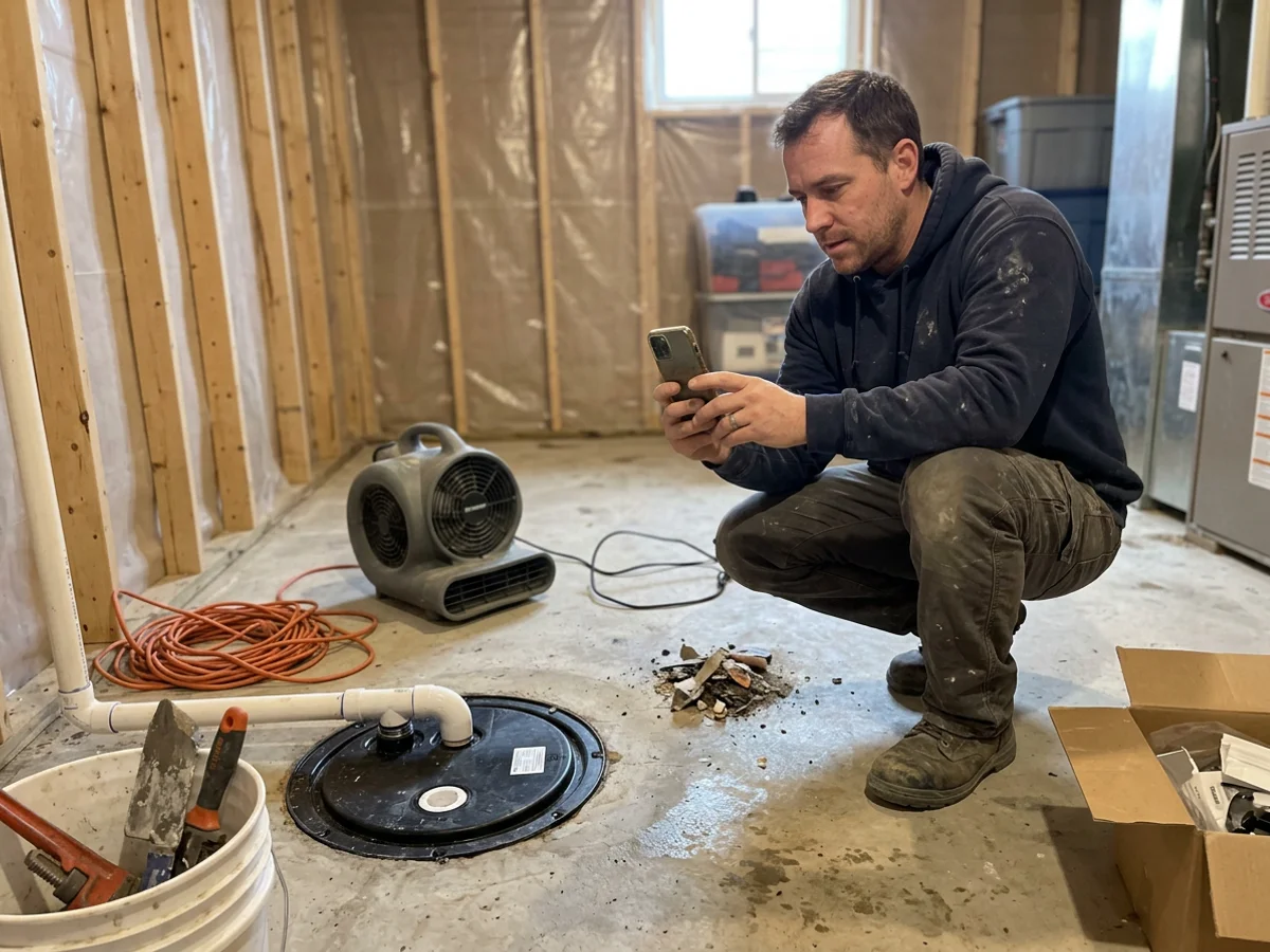 Plumber photographing a completed sump pump install for an insurance adjuster after a sewer backup