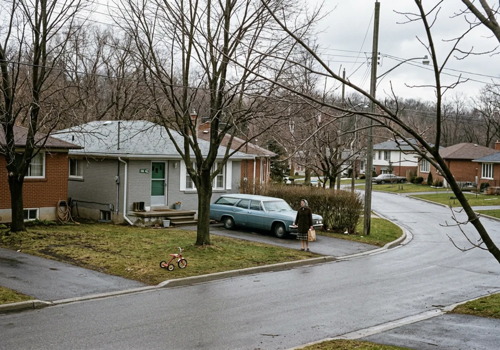 North York street of 1960s bungalows and split-levels near a ravine in early spring