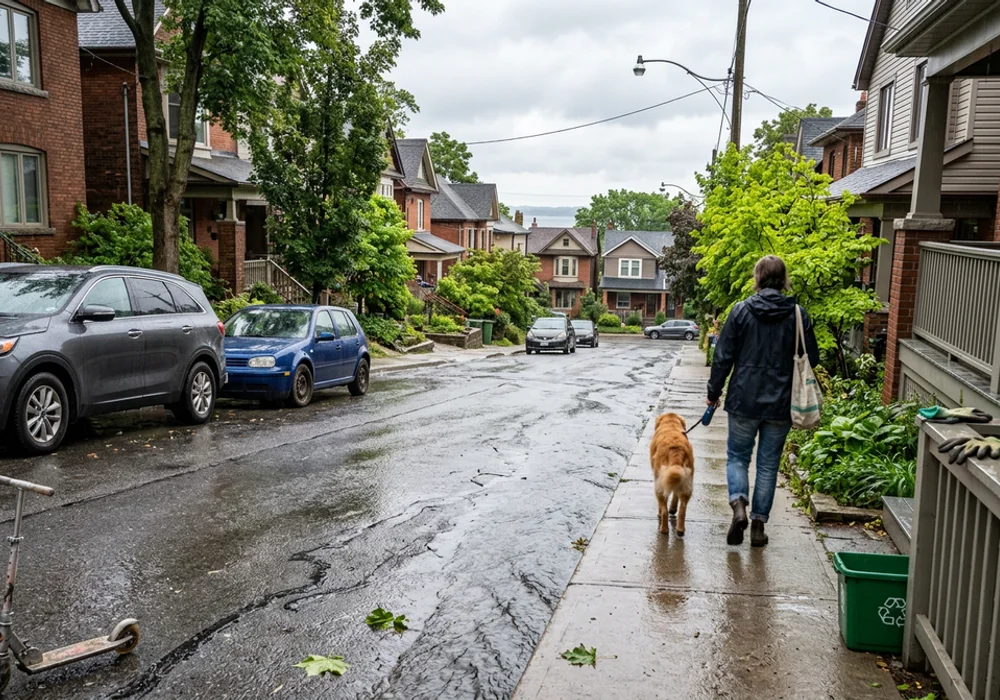 Rain runoff flowing down a sloped Beaches street toward houses near the lake