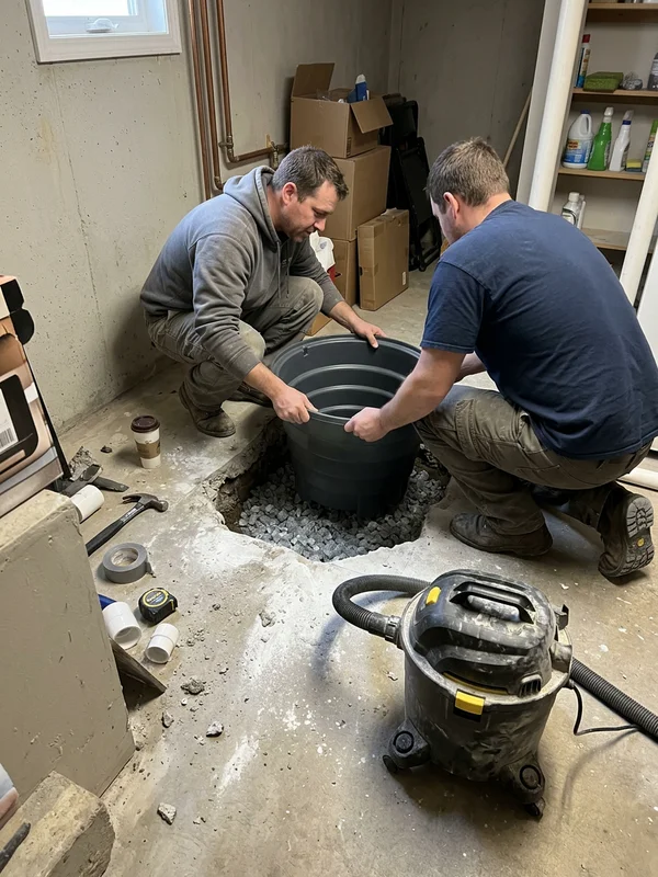 Two plumbers lowering a sealed sump basin into clear stone in a new floor opening